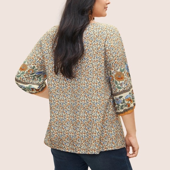 BoomChic 3XL Boho Print Pleated Button Detail Tie Neck Blouse us22-24 - Picture 2 of 7